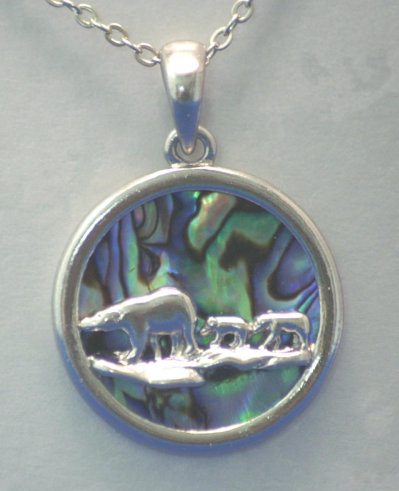 Sterling Silver / Abalone Bear Family, Necklace
