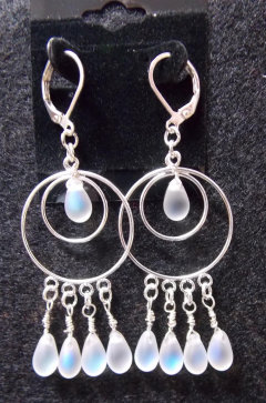 Frosted Teardrop beads, Silver chandelier double hoops - Silver Plated Lever Back
